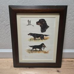 Boris Riab Signed Vtg Art Print Gordon Setter Framed 17x13" Dogs Hunting Illustration