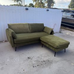 Green velvet sofa with ottoman