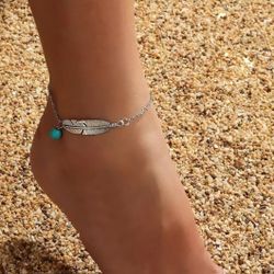 Zinc Alloy Leaf Shape Ankle Bracelet Round Cut Stone Pendant Adjustable Ankle Bracelet Chain For Summer Beach Jewelry Decor