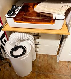 NEW Glowforge Aura Craft Laser Machine + Glowforge Craft Filter + customized Alex Drawers w/slide out top + 11 sheets of Glowforge Proofgrade Basswood