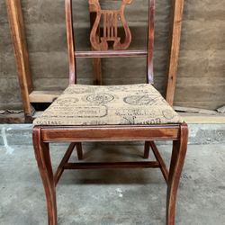 Vintage mahogany wood chair with new burlap covered seat