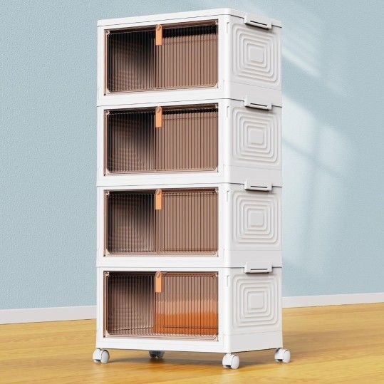 4 Tier Plastic Storage Bins with Lid 23QT, Stackable Storage Containers with Wheels, Folding Storage Boxes, Stackable Storage Bins, Closet Organizers