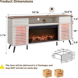 Fireplace TV Stand for 80 Inch TV, Mid Century Modern Entertainment Center with 36" Electric Fireplace & Led Lights, Wood Media Console w/Slatted