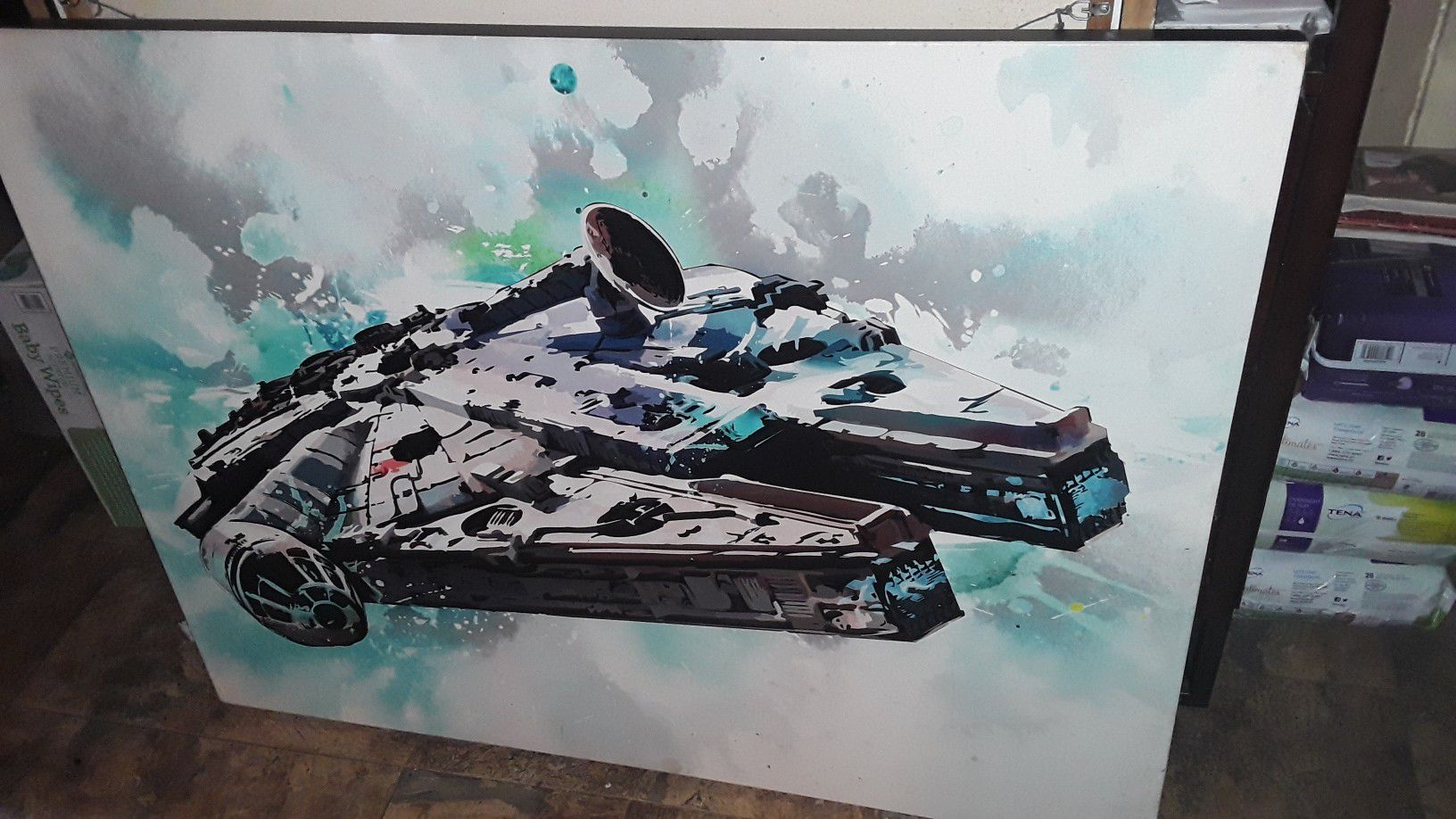 Large hand-painted Custom Canvas oil painting of the Millennium Falcon amazing work signature unknown asking 800 or best offer