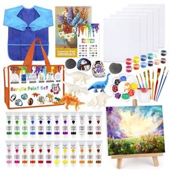 Kids Paint Set 55pcs Acrylic Paint Set with Rock Painting Set & Dinosaur Painting Kit for Kids Crafts & Kids Arts Set, Include 24 Washable Paints Tabl