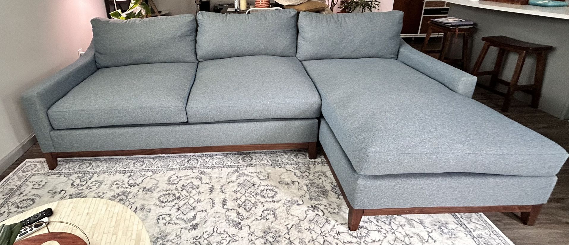 LIVING SPACES: Besom Blue (Custom/Hoffman Azure)112" Sectional (w/ Right Arm Facing Chaise)