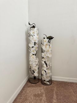 Set of 2 Tall Glass Floor Vases with White Orchids