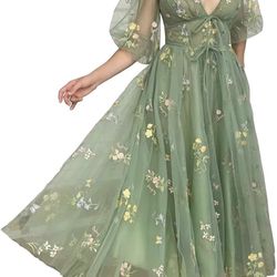 Yuxin Formal Dress - Puffy Sleeve Flower Embroidery Tulle