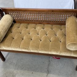 Vintage 1970s Lewittes Furniture Tufted Velvet Bench with Caned Panels and Bolst