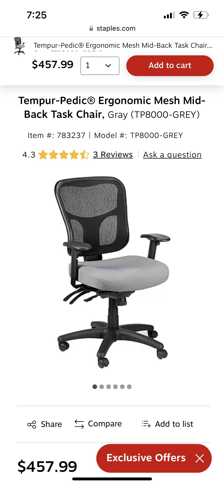 Tempur Pedic Ergonomic Desk Chair Gray Brand new in Box for