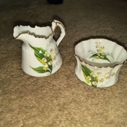 Vintage Hammersly Bone China Mini Creamer & open Sugar bowl Lily Of The Valley 