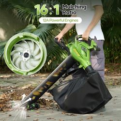 3-in-1 Electric Corded Leaf Blower, Leaf Vacuum and Leaf Mulcher, 6 Wind Modes, 495 CFM, 199 MPH, 12A Motor, 16:1 Mulching Ratio, Leaf Blowers with Co