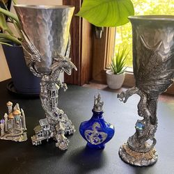 RARE Kevin OHare Fellowship Foundry Pewter Goblets + Pewter Castle + Chinese Blue Snuff Bottle