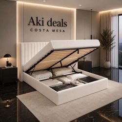 Full Size Lift Up Storage Bed, Upholstered , Hydraulic System, White J-21