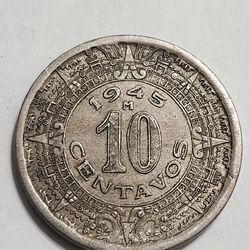 1945 Mexico 10 Centavos Coin - Aztec Calendar