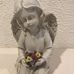 Vintage Angel Holding Beautiful Colorful Flowers 9” Tall For Your garden Or Anywhere Else