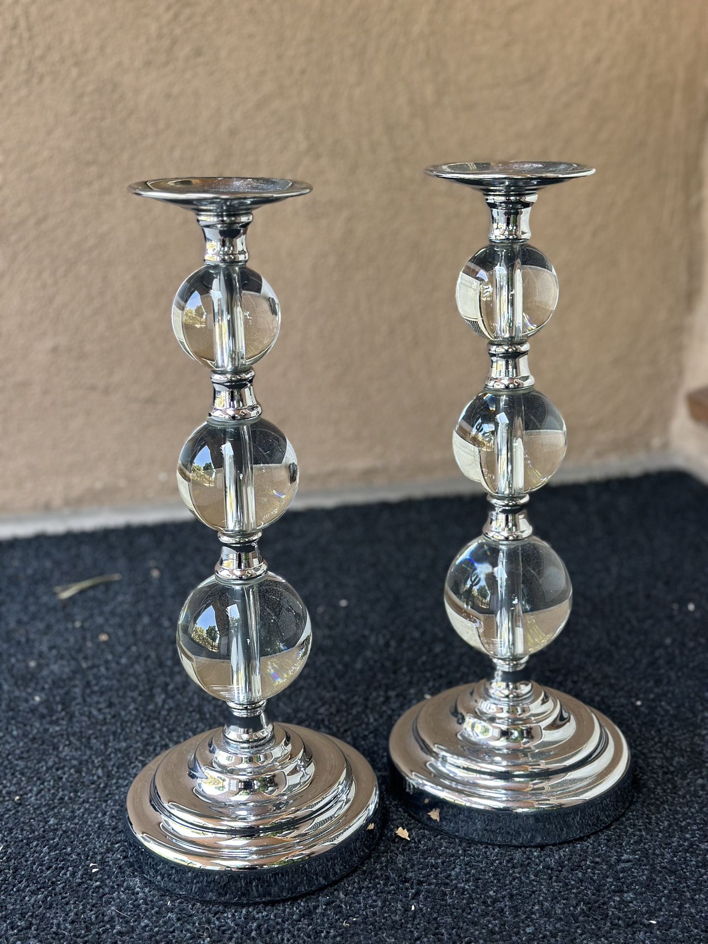 Pillar Candle Holder / Metal with 3 Large glass Balls / Heavy