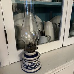Vintage Lamplight Farms Blue & White Porcelain Oil Lamp Base USA