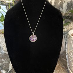.925 Sterling Silver, Marcasite & Faceted Amethyst Glass Crystal Pendant on Chain NWOT