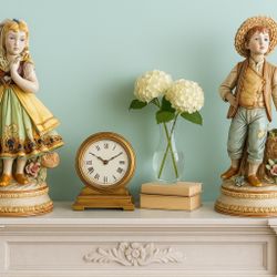 Italian 1950s Capodimonte-Style Large Figurines Boy & Girl With Flowers, 18x9”