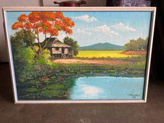 (Beautiful Landscape (Old Cottage near the Lake) Oil Painting
