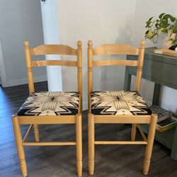 MCM Wood Dining Chairs! Set of two! Native print seats!