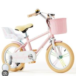 This is a pink Rully kids' bike, available in 12, inches girl bike  It features a front basket And Doll Carrier 2 Brakes 