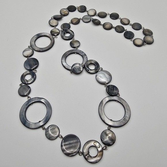 Boho Grayish Blue Circular Shell Beads Pullover Necklace Coastal Beach
