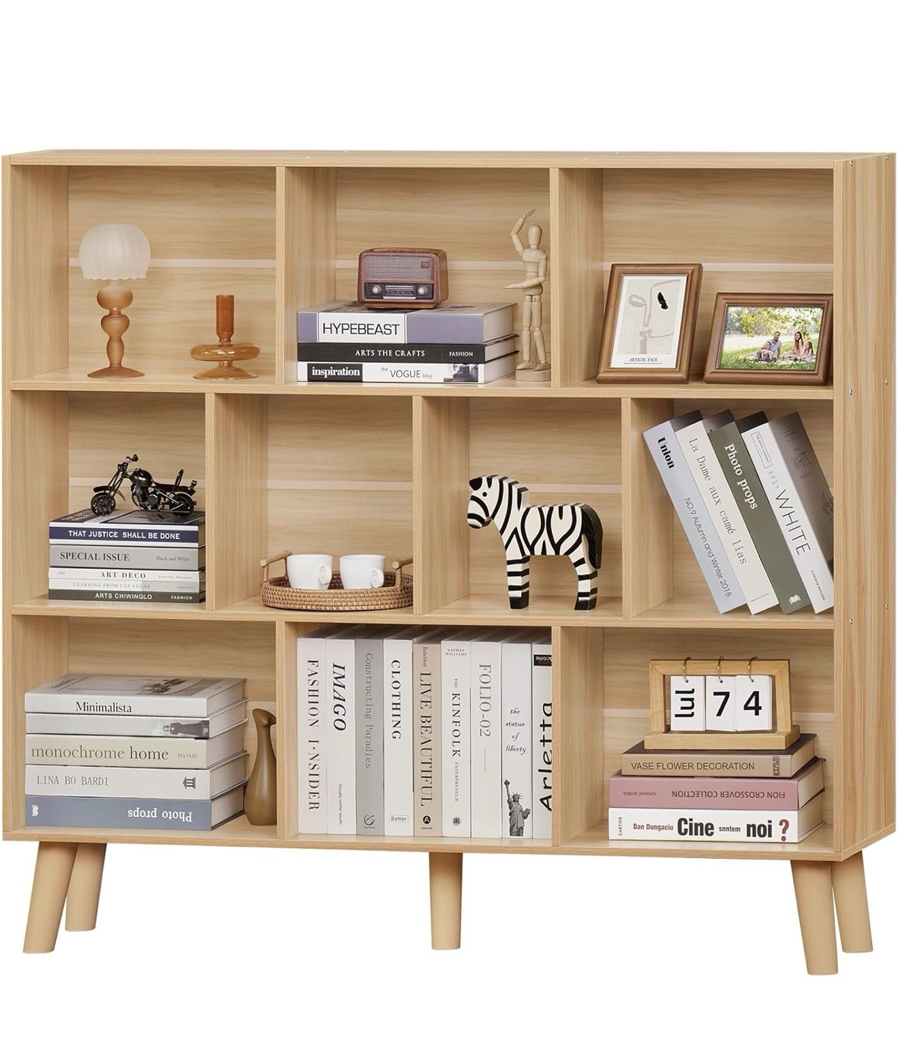 LEYAOYAO 10 Cube Bookshelf,3 Tier Modern Wide Bookcase with Legs,Mid-Century Wood Bookshelves Storage,Natural Large Book Case,Freestanding Organizer D