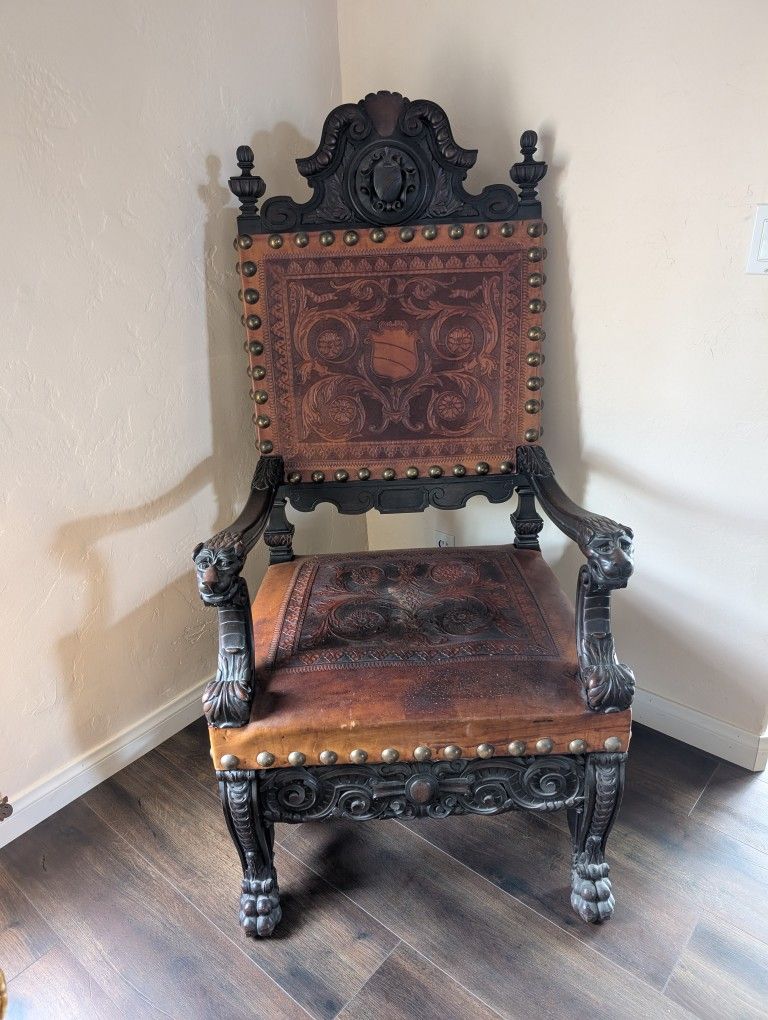 1 Leather Carved Renaissance Kings Chair