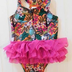 Cat & Jack Baby Girls Size 9M Parrot And Flower Bathing Suit