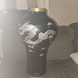 20 Inch Vintage Korean Brass With Mother Of Pearl Laquer  Enamel Vase