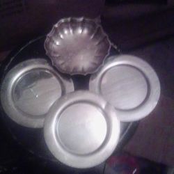 Antique Chippendale Silver Dish And Three Antique WM A ROGERS Silver Cake Plates 