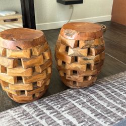 Rustic Real Wood Stool Side Table - Set Of 2