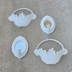 Vintage Burwood (2673)HOMCO/HOME INTERIORS~ 4 Piece White Hobnail Wall Hanging Set, Includes:
▪︎2-Hobnail Wall Mirror Candle Sconces 