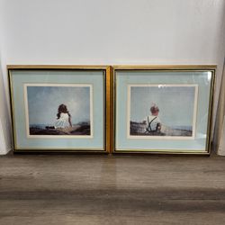 Vintage framed artwork pair - boy and girl in gold frames.  Perfect for nursery