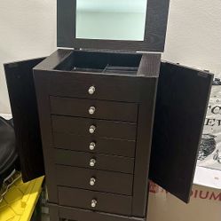 Modern dark wood standing jewelry armoire