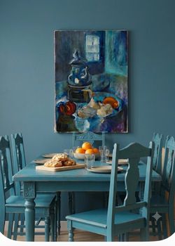 Original oil painting on canvas-contemporary-cool blue color scheme-still life-tea & fruits
