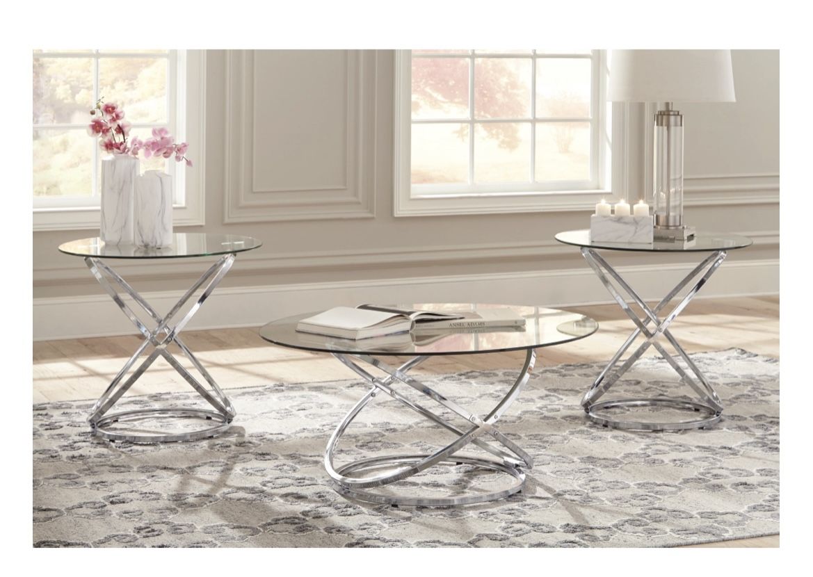 Set Of 3 Glass Top Coffee Table And Two Side Tables