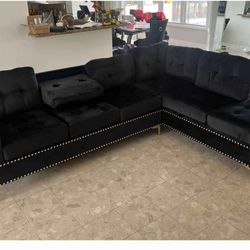 Velvet Sectional Sofa Cup Holders New 