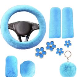 Blue Fluffy Car Steering Wheel Set