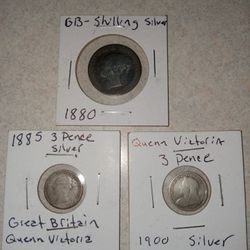 Silver Coins Set Of 3, 1880 Shilling, 1900 3 Pence And 1885 3 Pence GB