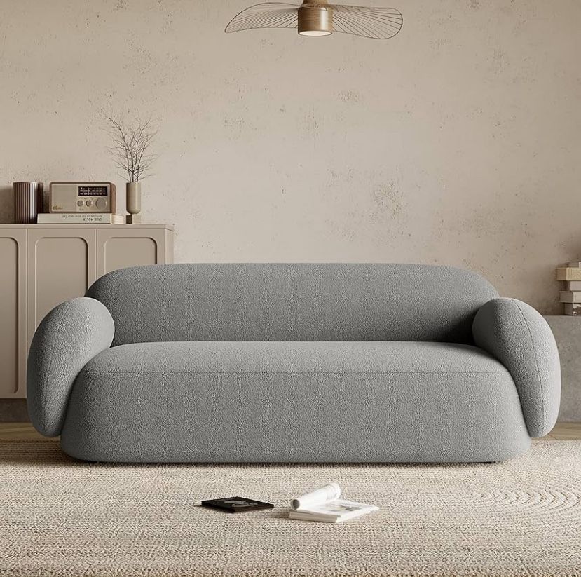 Modern Minimalist Sofa for Living Room Lounge Home Office, Rounded Edges Couch with Soft Boucle Upholstered, 74”W, Grey