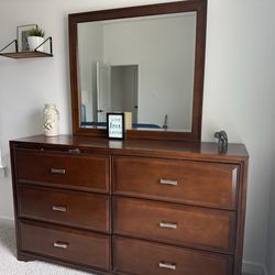 Bedframe, mattress, mirror and dresser - queen. Nightstands and lamps free