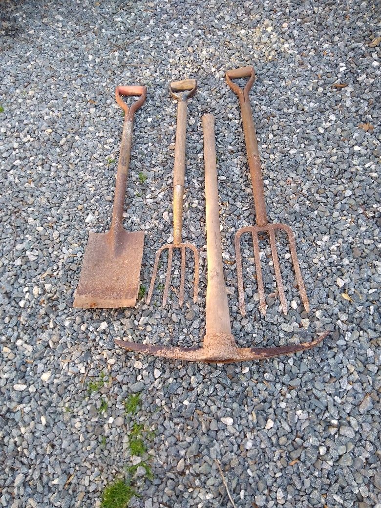 PICK. SHOVEL. 2. DIGGING FORKS 125 DOLLARS. FOR ALL