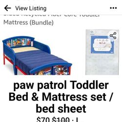 Paw Patrol Toddler Bed And Mattress Set / Sheet Set.