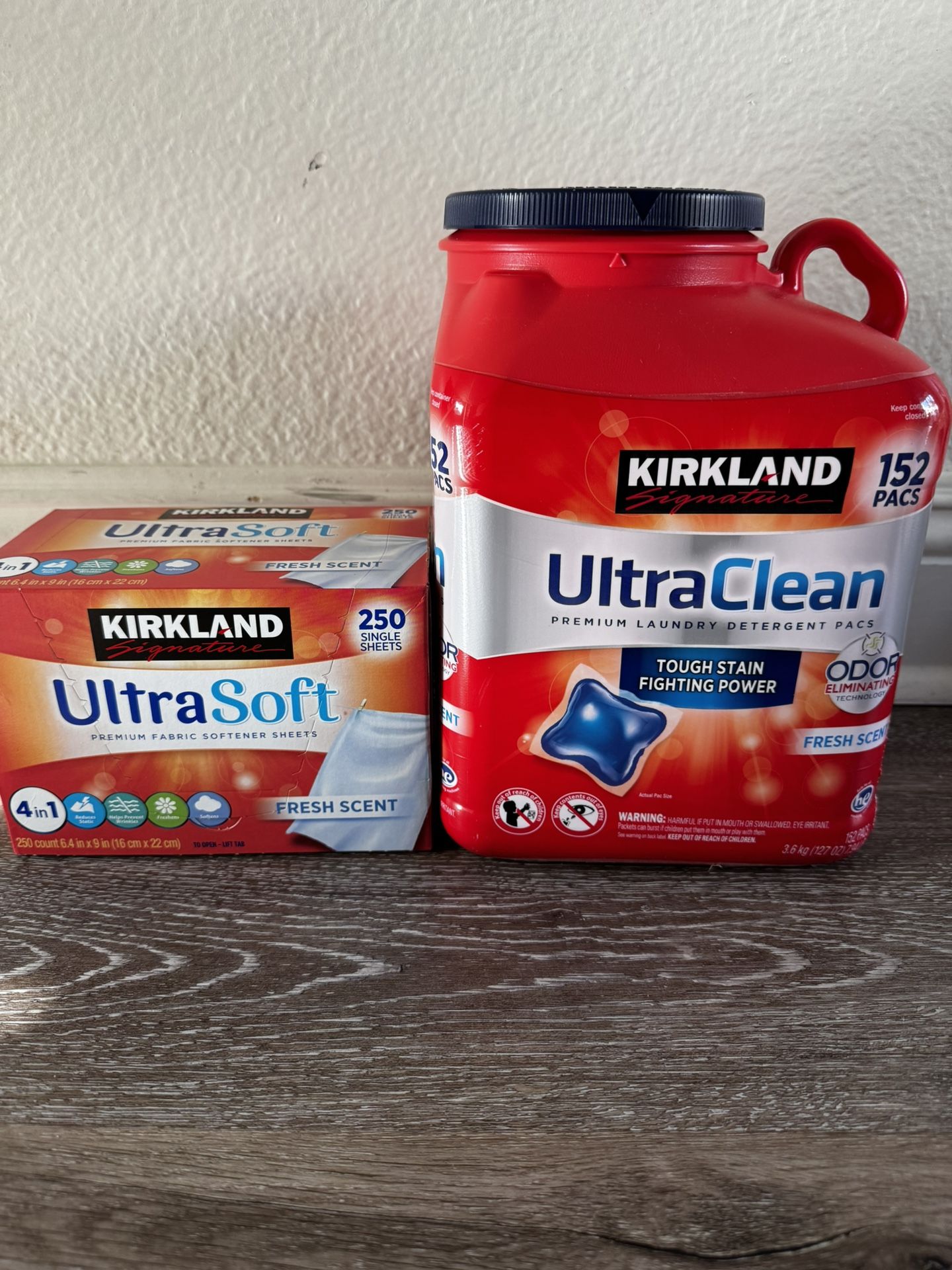 Ultra clean laundry pods around 125 pods and unpacked ultra soft fabric softener sheets 250 sheets