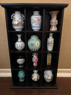 Miniature Chinese Porcelain Vase Collection with Display Shelf