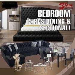 NEW 3 ROOM PACKAGE DEAL- BED MATTRESS DINING ROOM SECTIONAL SOFA AND MORE 