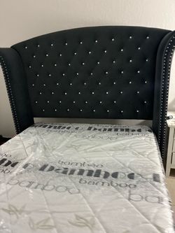 Queen Size Pillow Top Bed For Sale Navy Blue With The Tall Diamond Headboard With Mattress Brand New..!!